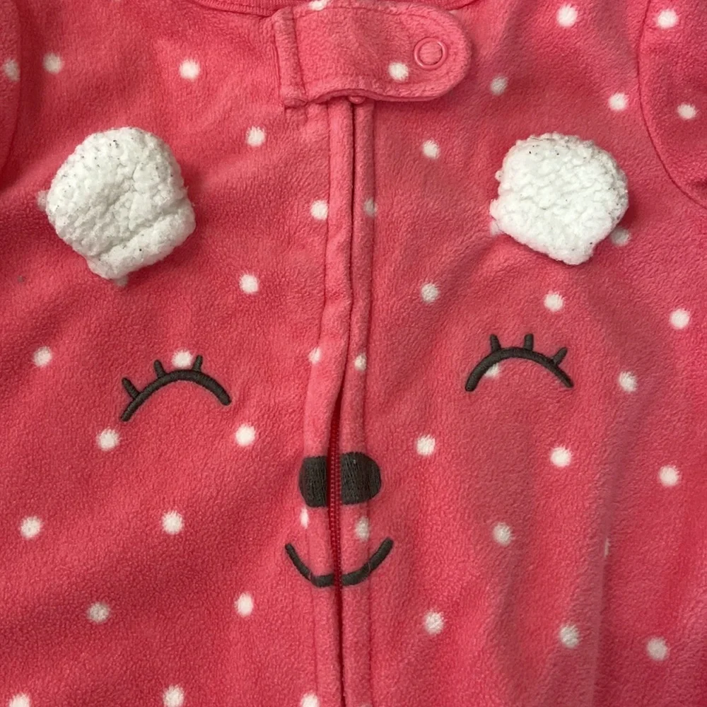 Carters pink polka dot fleece footie pajamas sleeping face; 6M